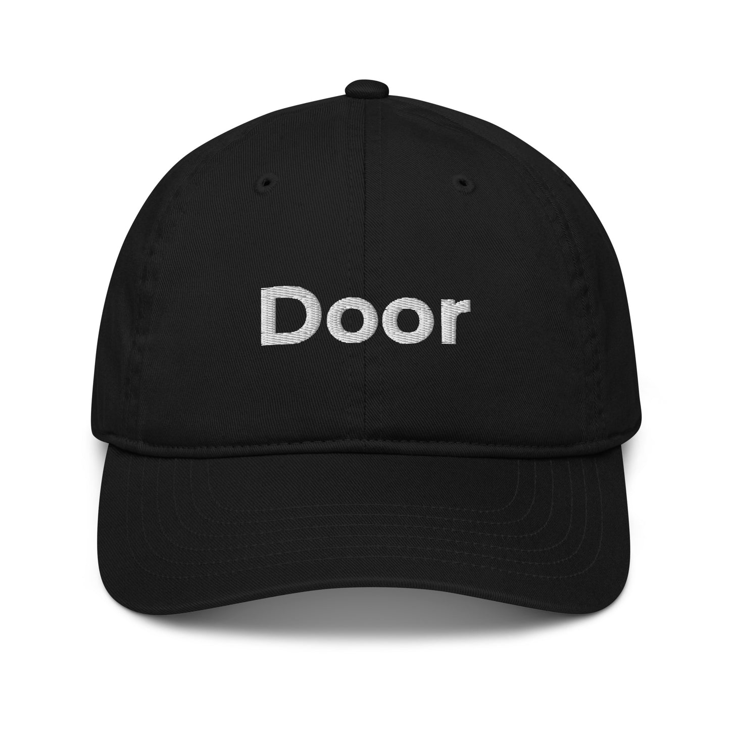 Front of black baseball hat with the word 'Door' embroidered in white thread. 100% organic certified cotton.