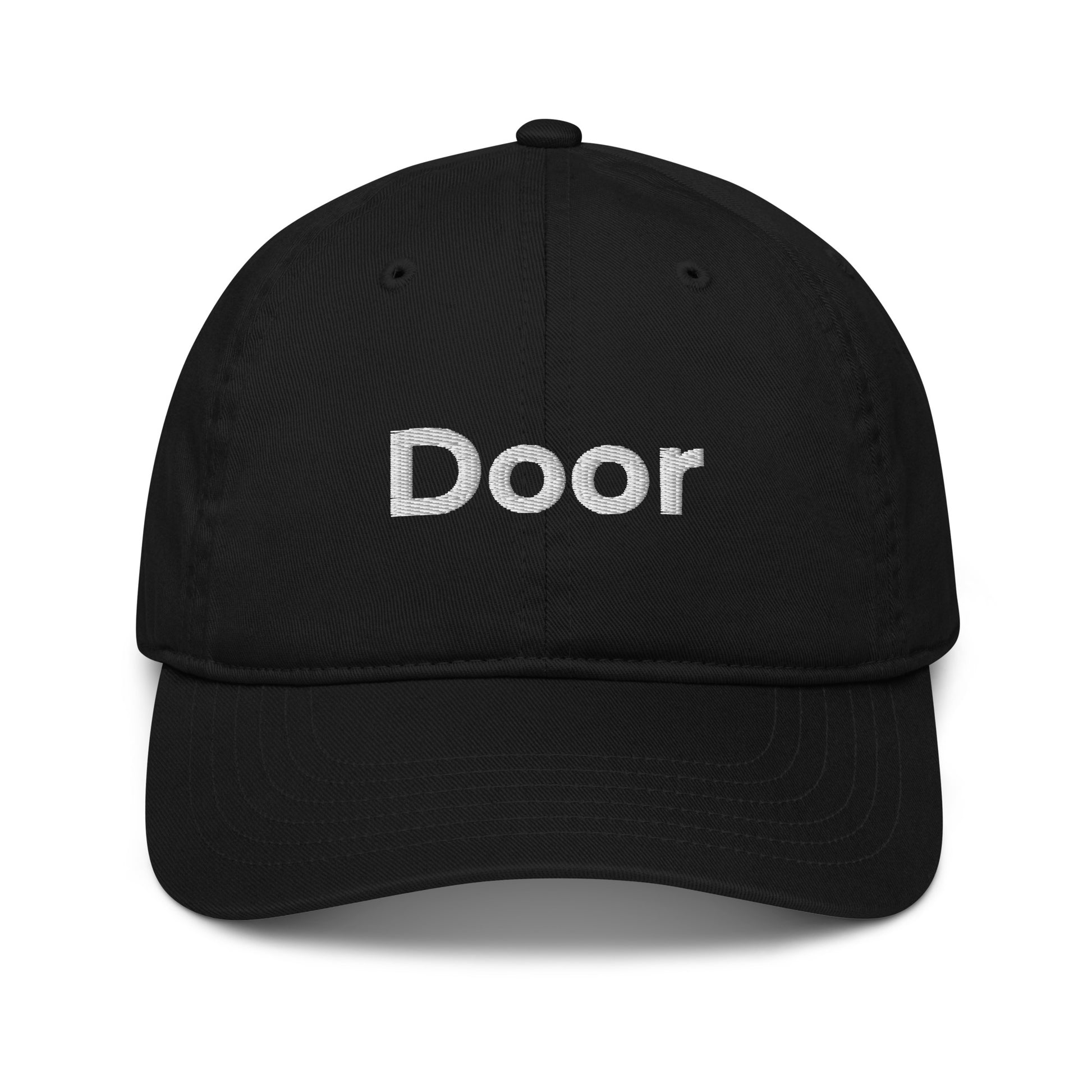 Front of black baseball hat with the word 'Door' embroidered in white thread. 100% organic certified cotton. 