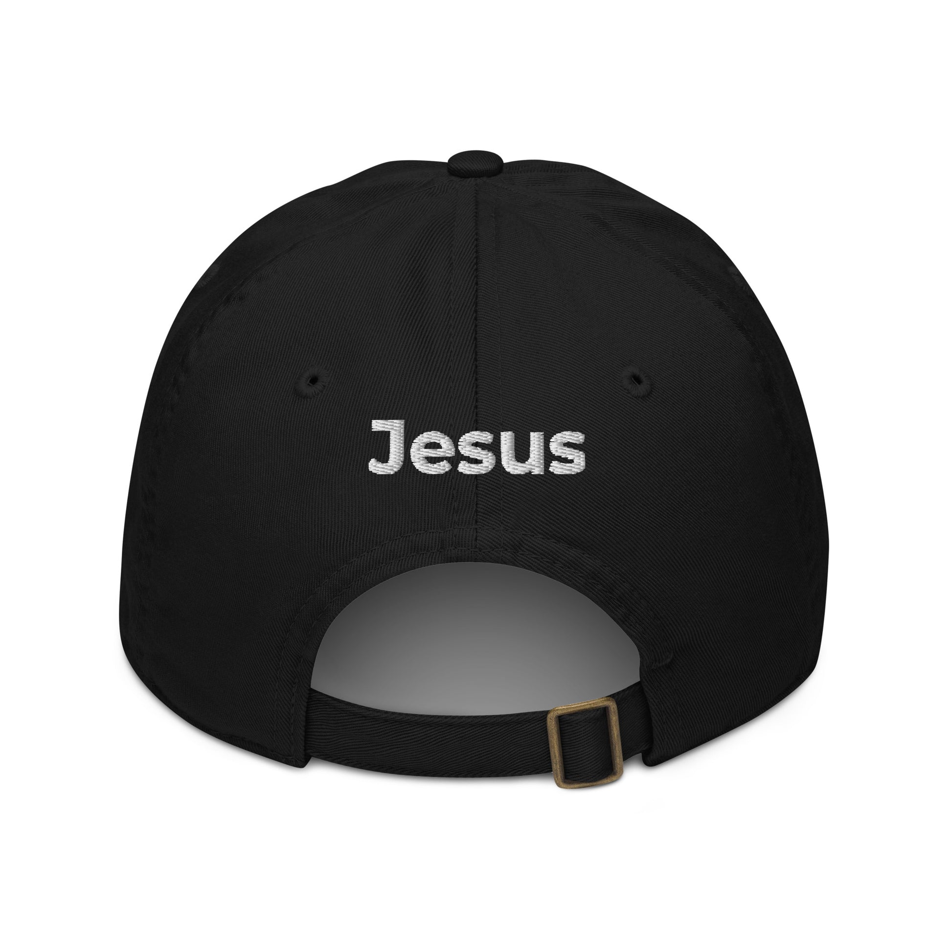 Back of black dad cap with the name of 'Jesus' embroidered in white above the adjustable strap.