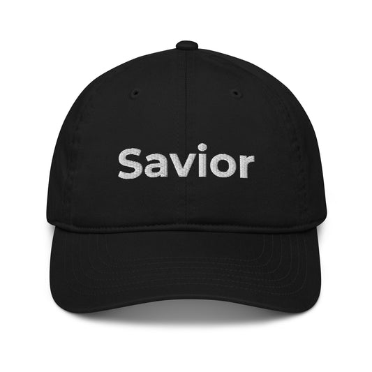 Front of black dad hat with the word 'Savior' embroidered in white thread. 100% organic certified cotton. 