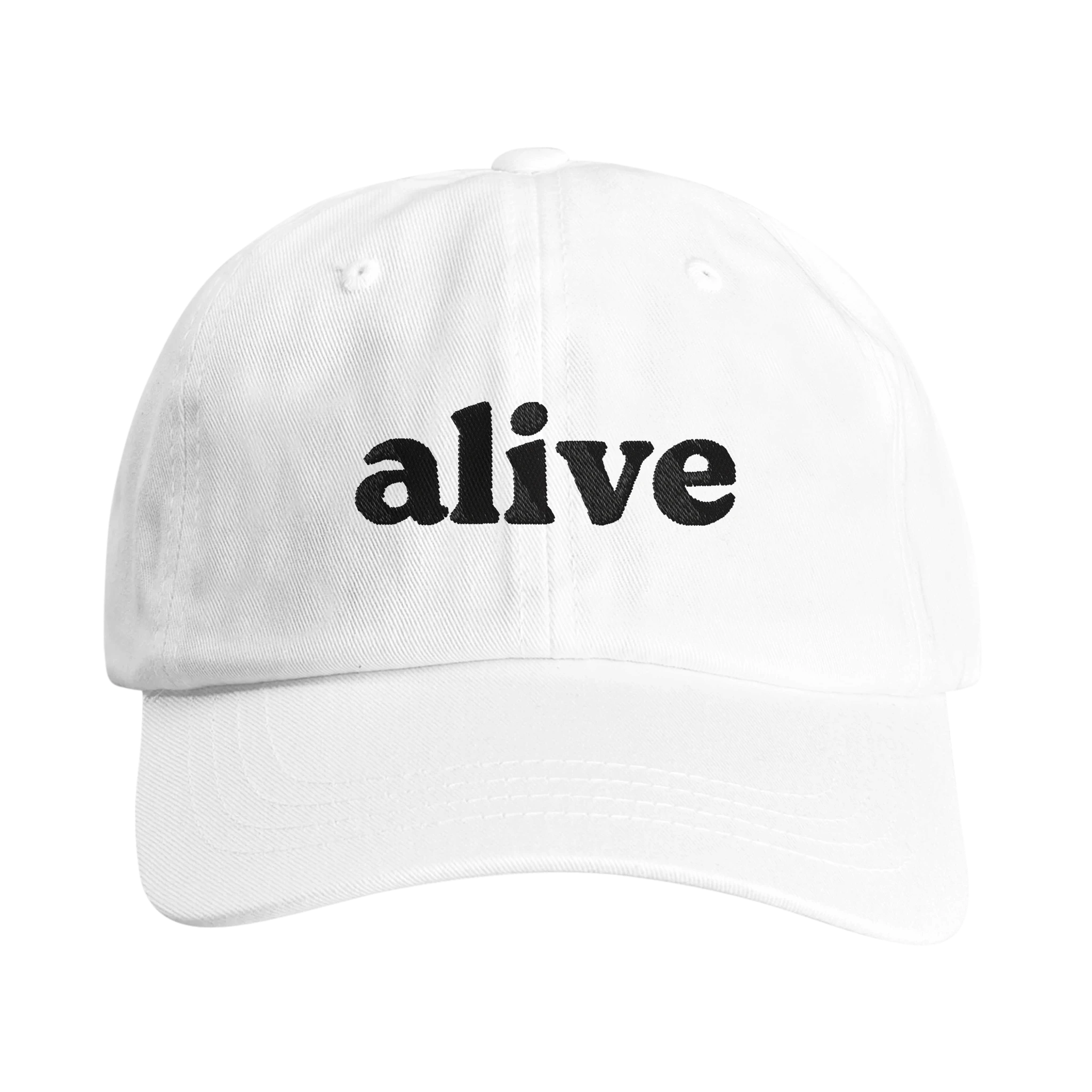 White dad with black embroidered word 'Alive' on the front from Wearing Salvation