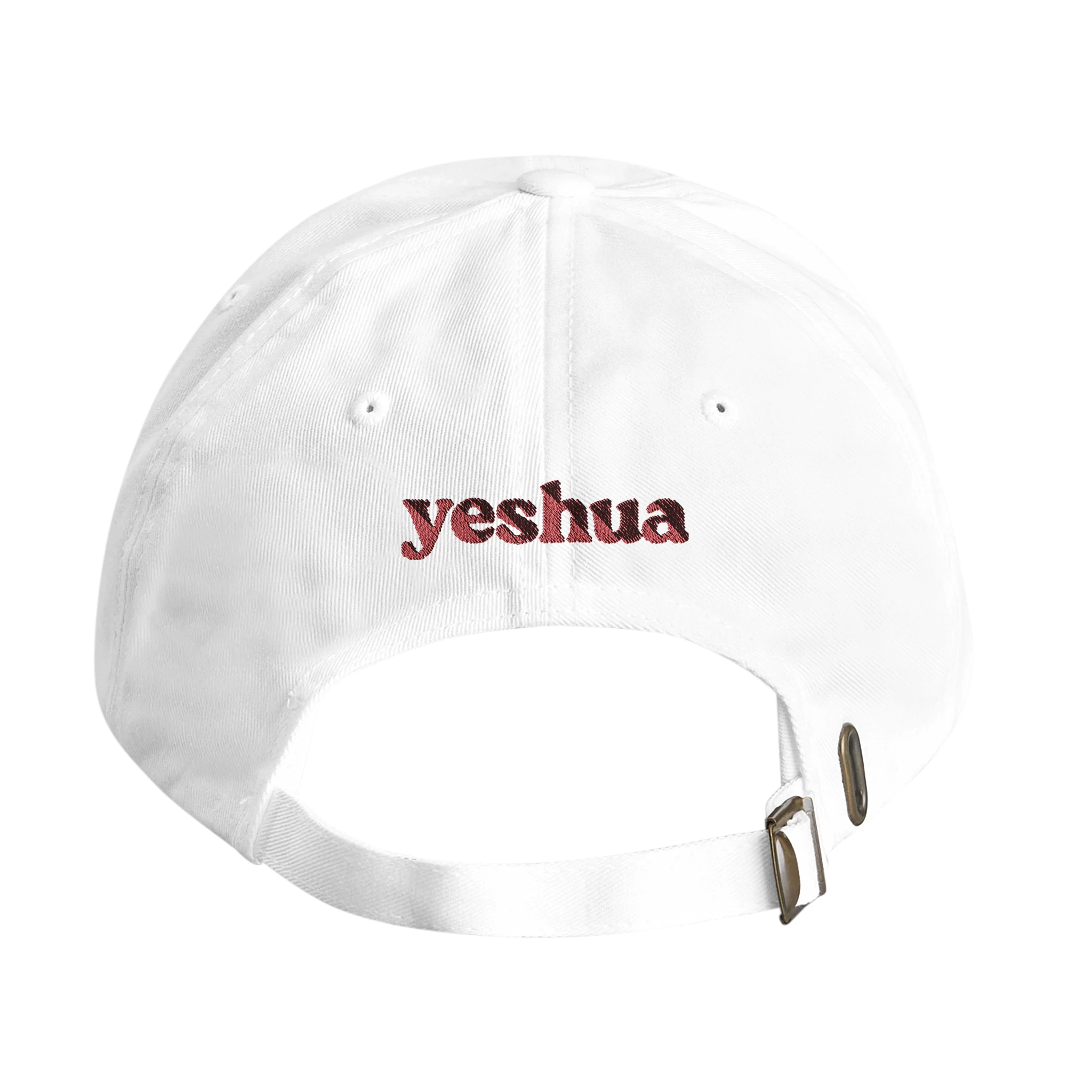 White dad hat with red embroidered 'yeshua' from Wearing Salvation