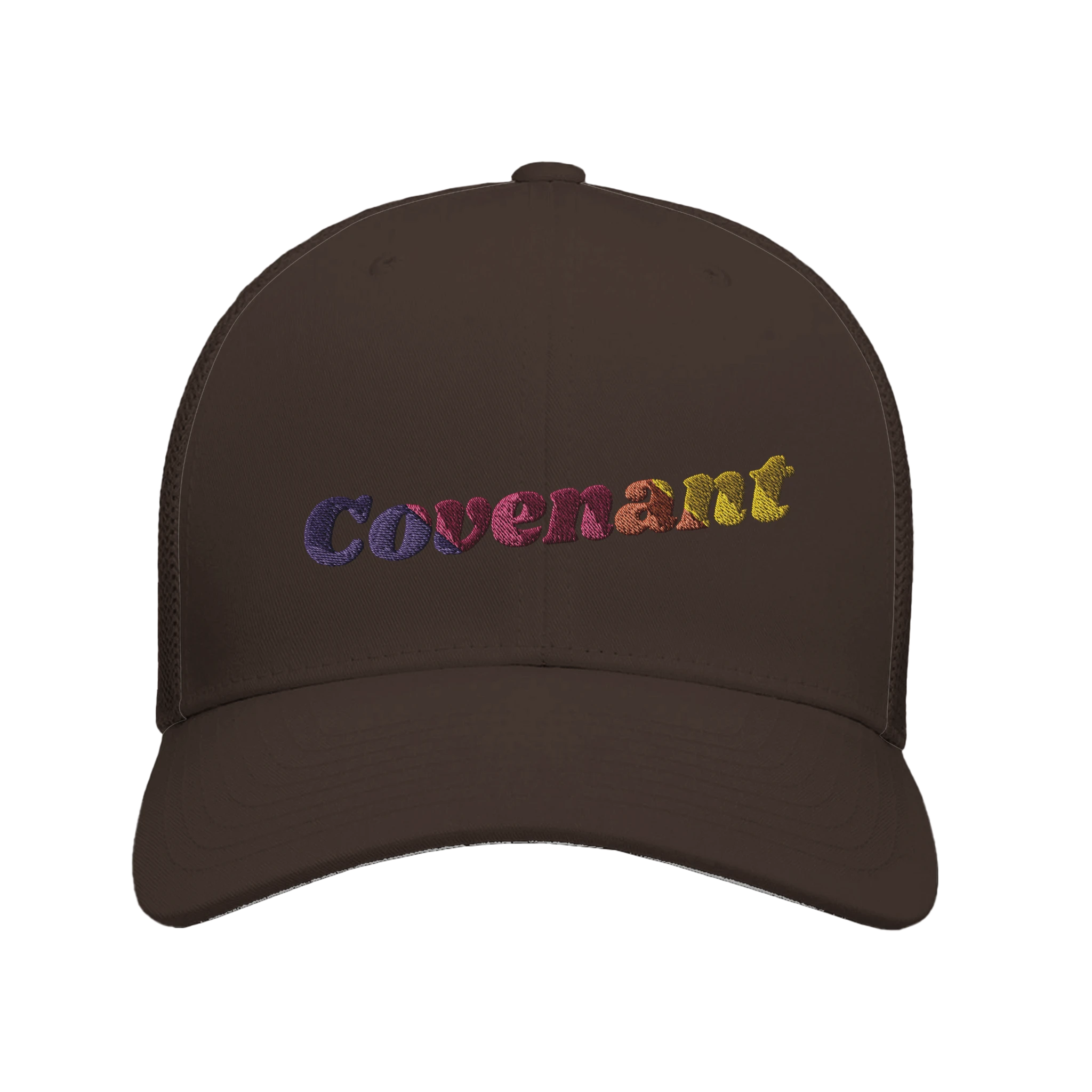 Brown 'Covenant' trucker cap with rainbow lettering - front view