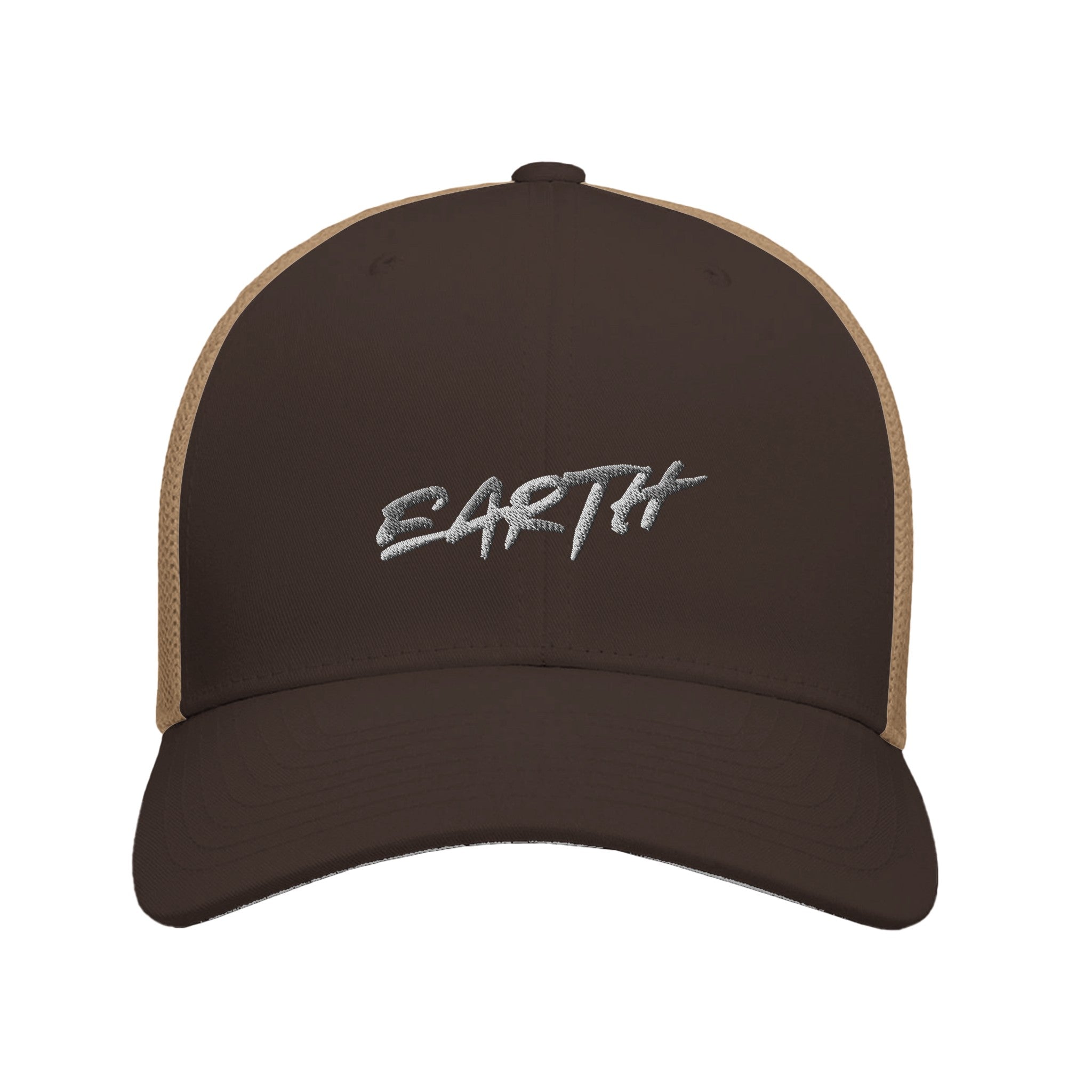 Two-tone brown and khaki trucker hat with the word 'Earth' in an urban font style.