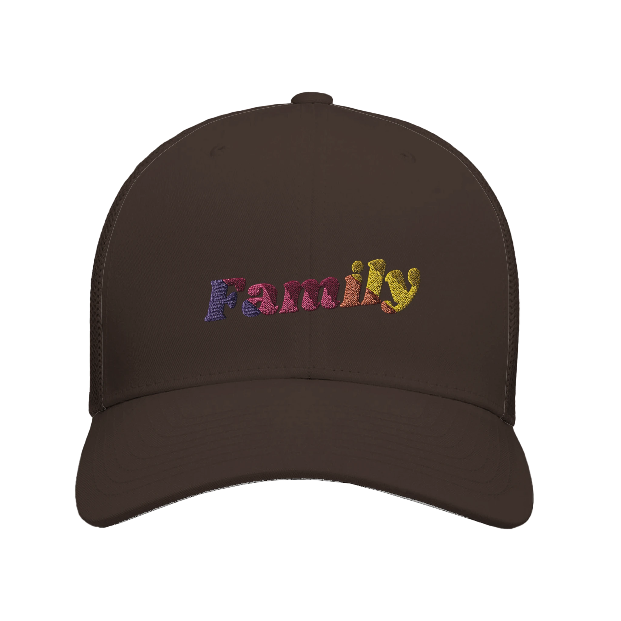 Brown 'Family' trucker cap with rainbow word that says Family