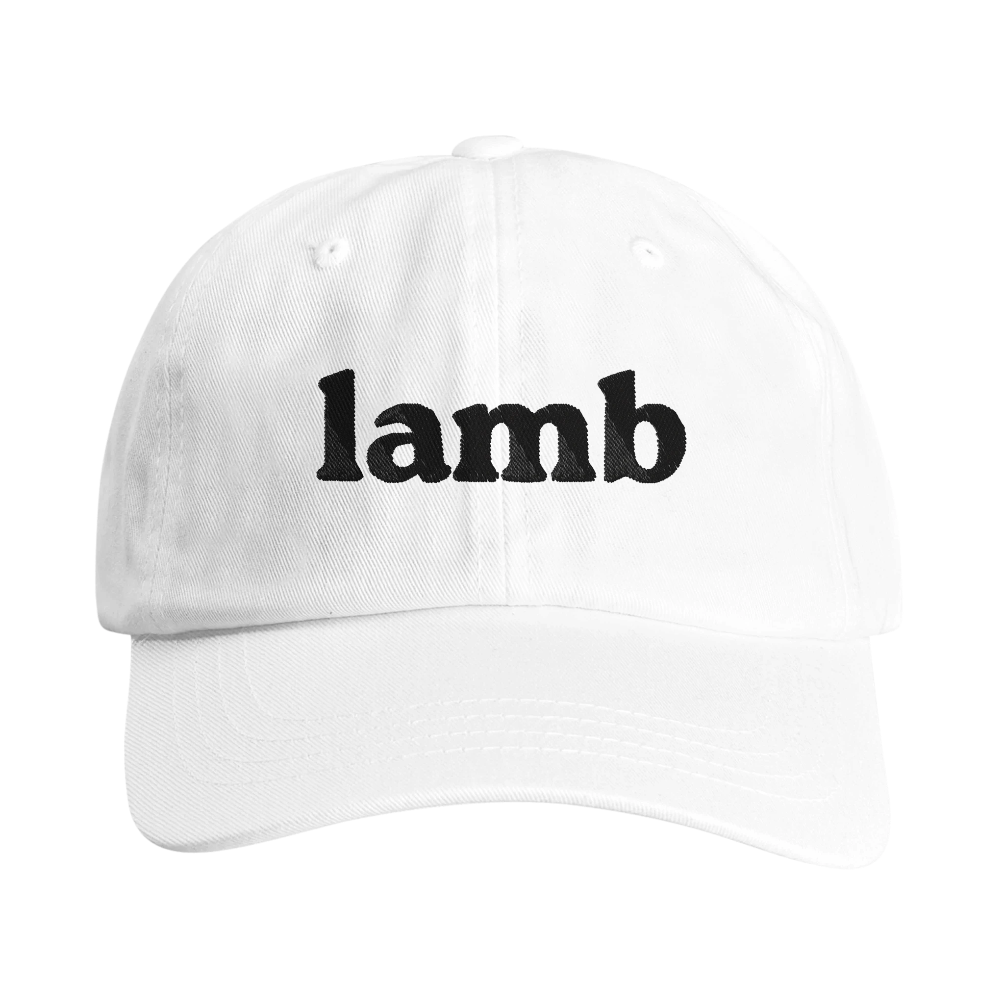 White dad hat with black embroidered word 'lamb' on the front from Wearing's Salvation Helmet Collection.