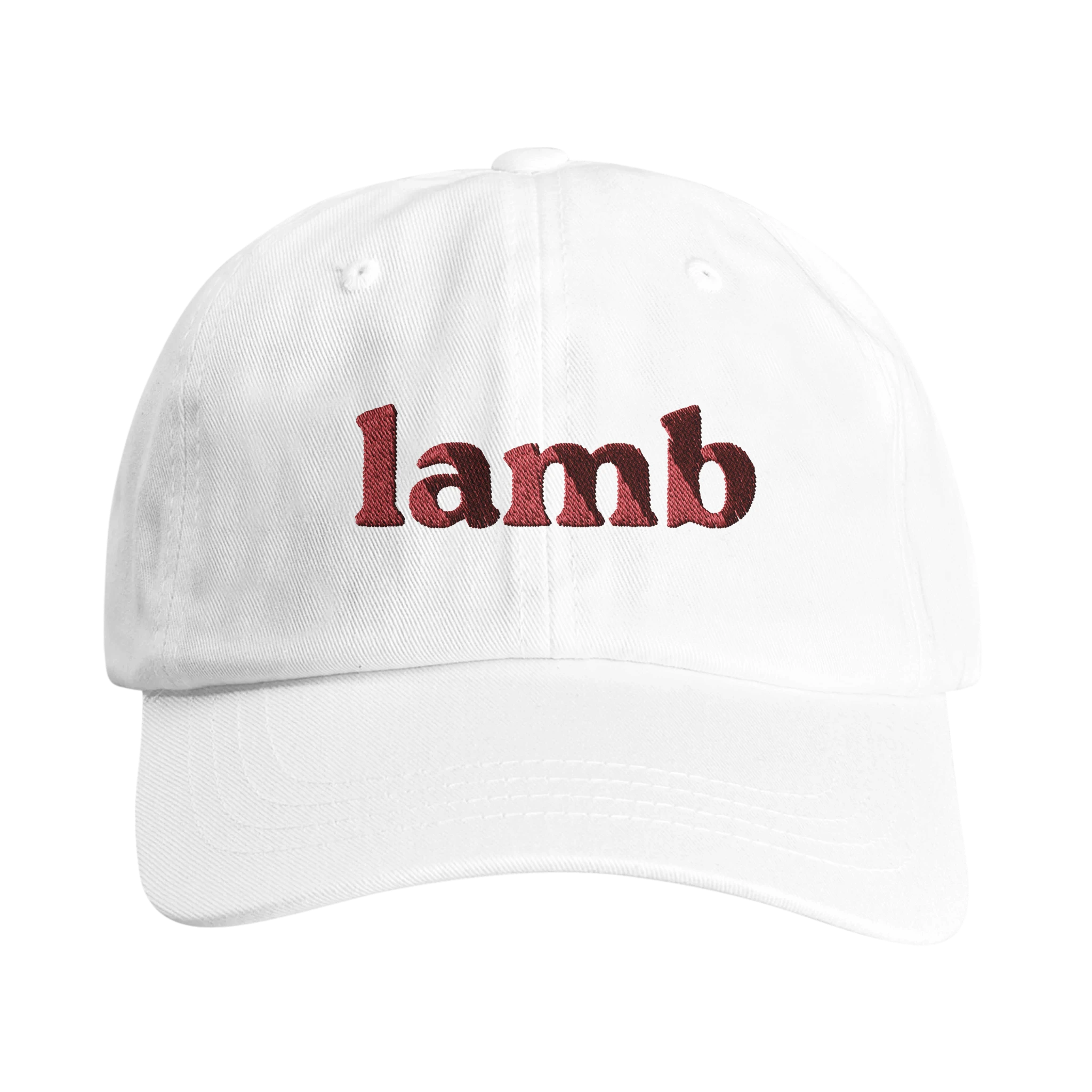 White dad hat with red embroidered word 'lamb' on the front from Wearing Salvation's Helmet Collection.