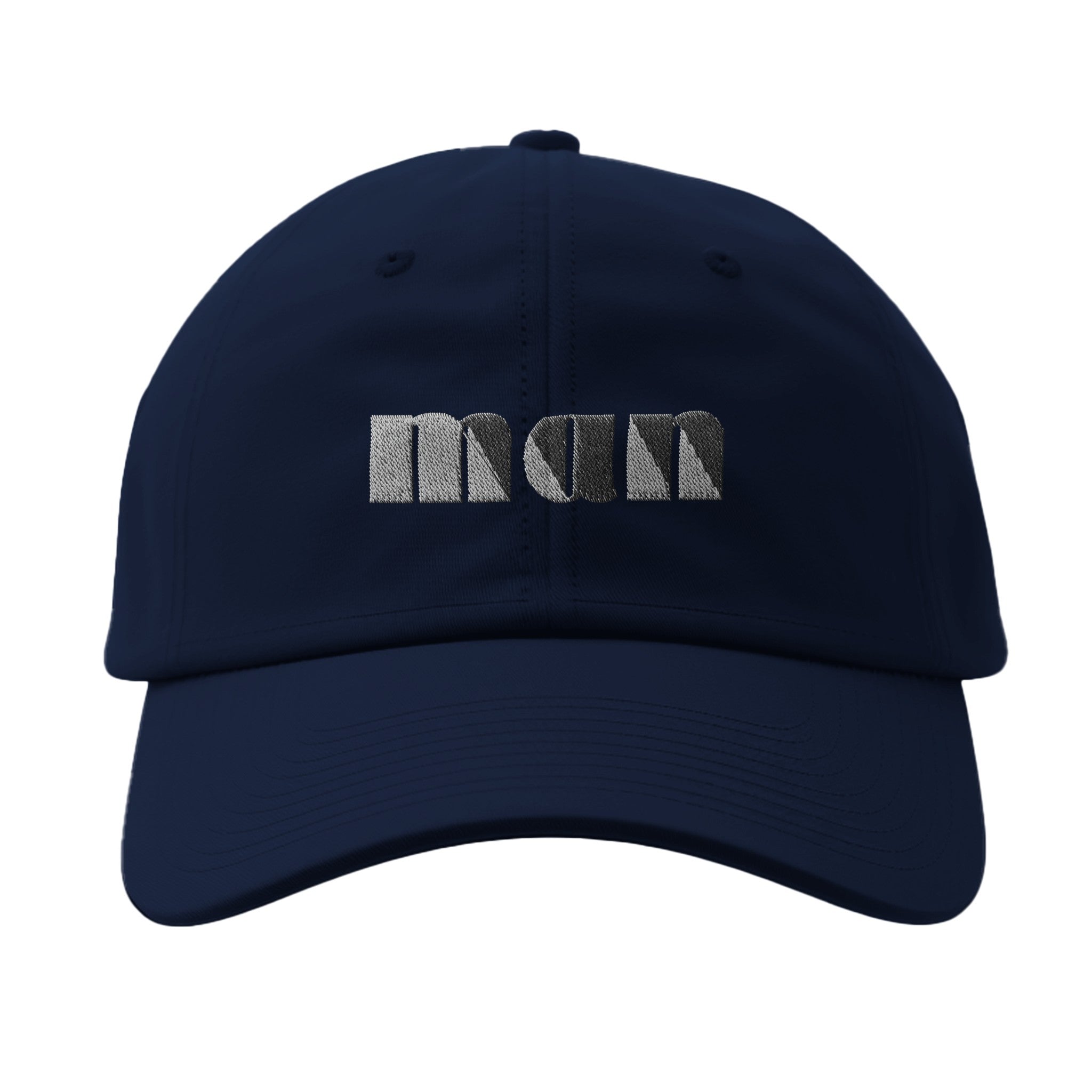 Front of navy blue flex fit dad cap inspired in the story of Adam and Eve with the word 'man' stitched in white.
