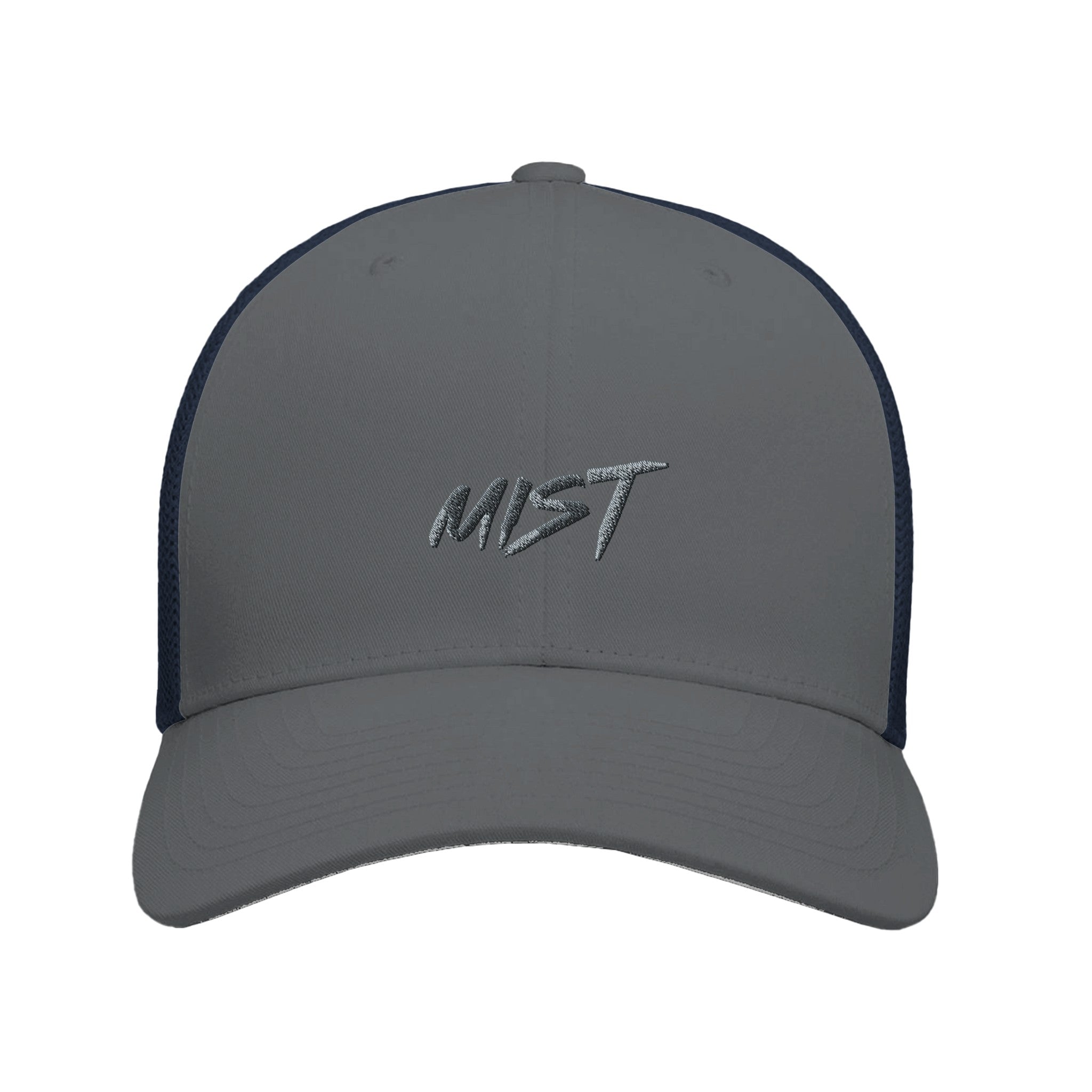 Gray front, blue mesh back Christian trucker cap with 'Mist' in urban wording on the front - Wearing Salvation. 
