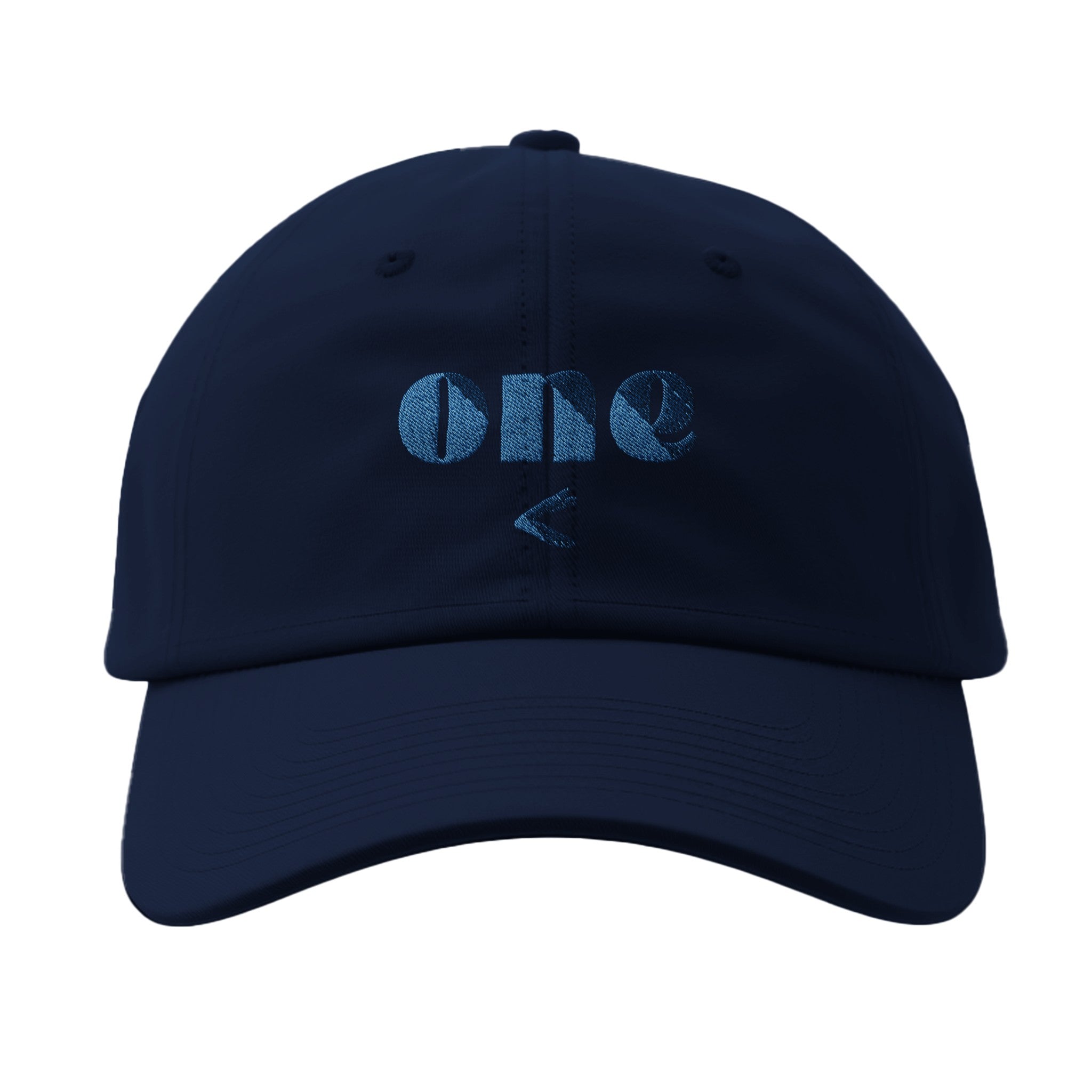One with my wife navy baseball cap for men, Adam and Eve Collection, Life in the Garden-inspired urban Christian hat, minimal, and stylish. Word One on the front.
