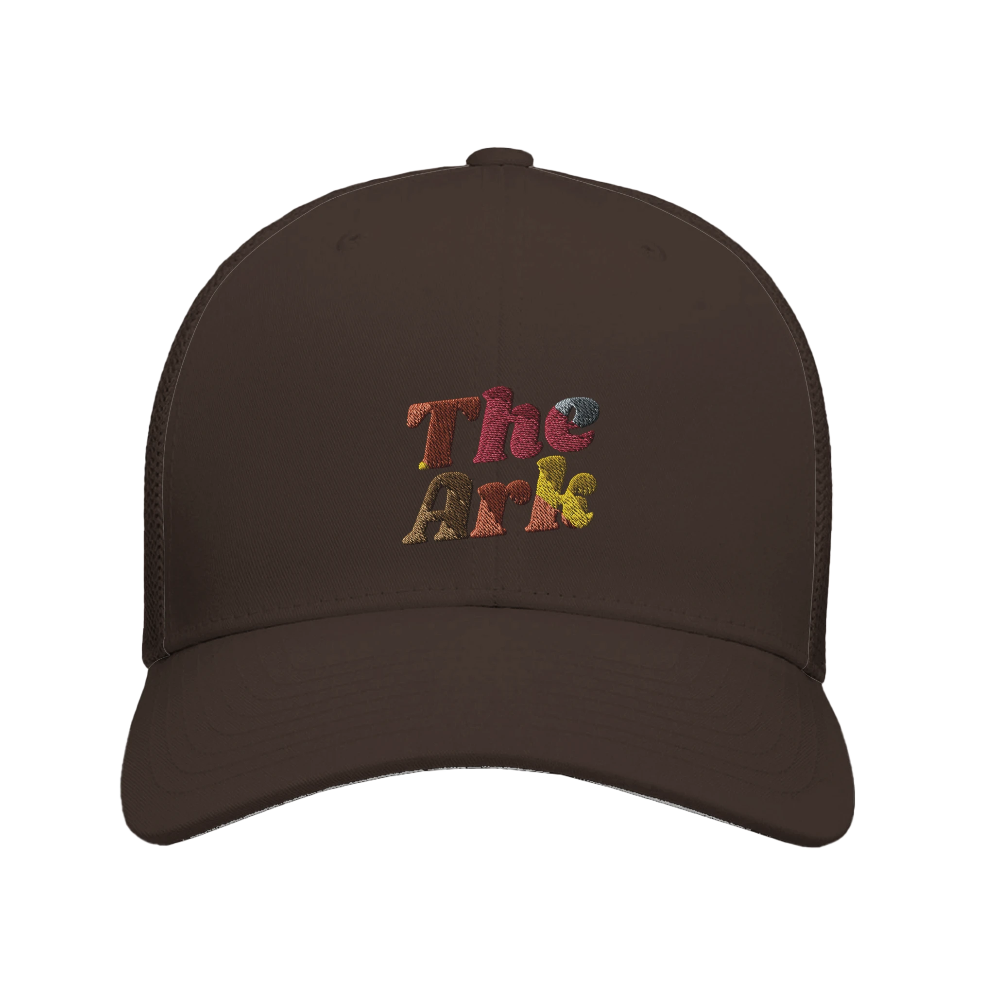 Brown 'The Ark' trucker cap with rainbow lettering that says The Ark - adjustable mesh back view