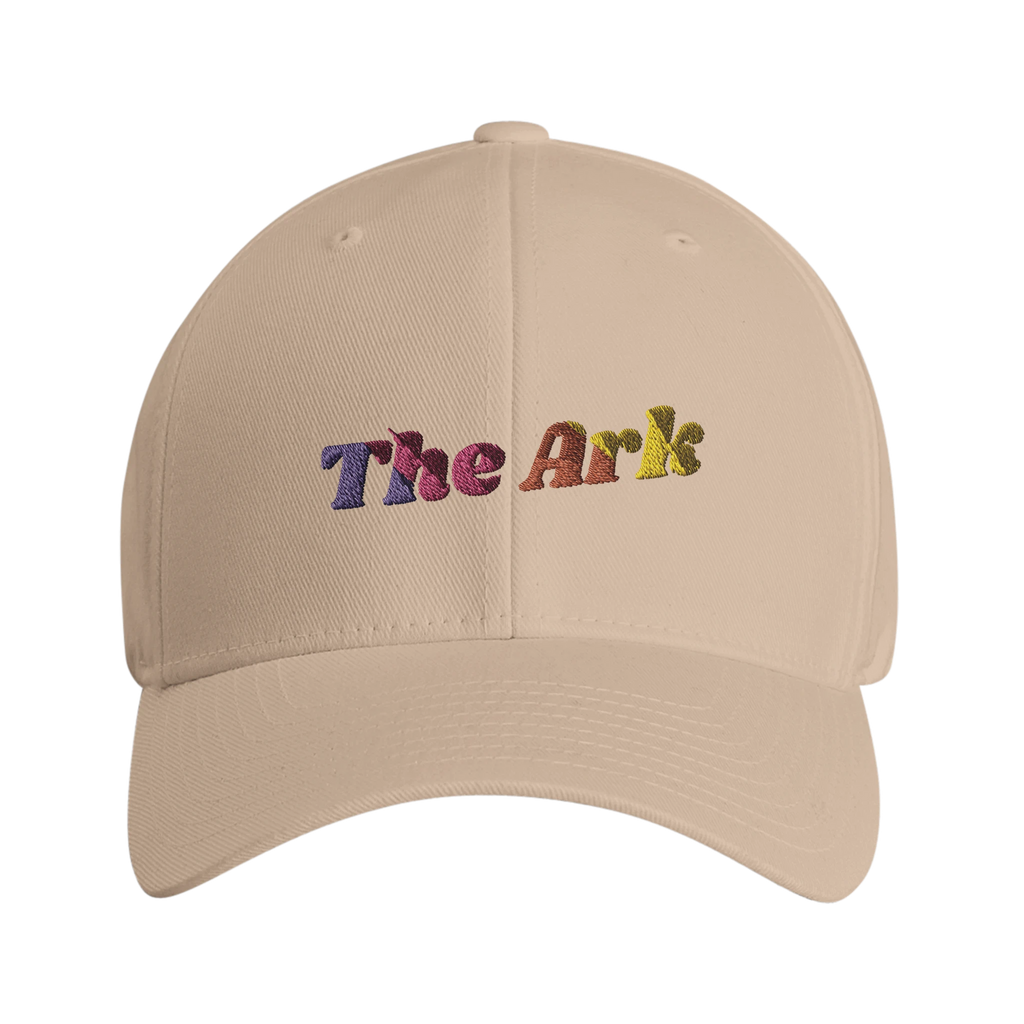 Fitted 'The Ark' cap with rainbow lettering - front view.
