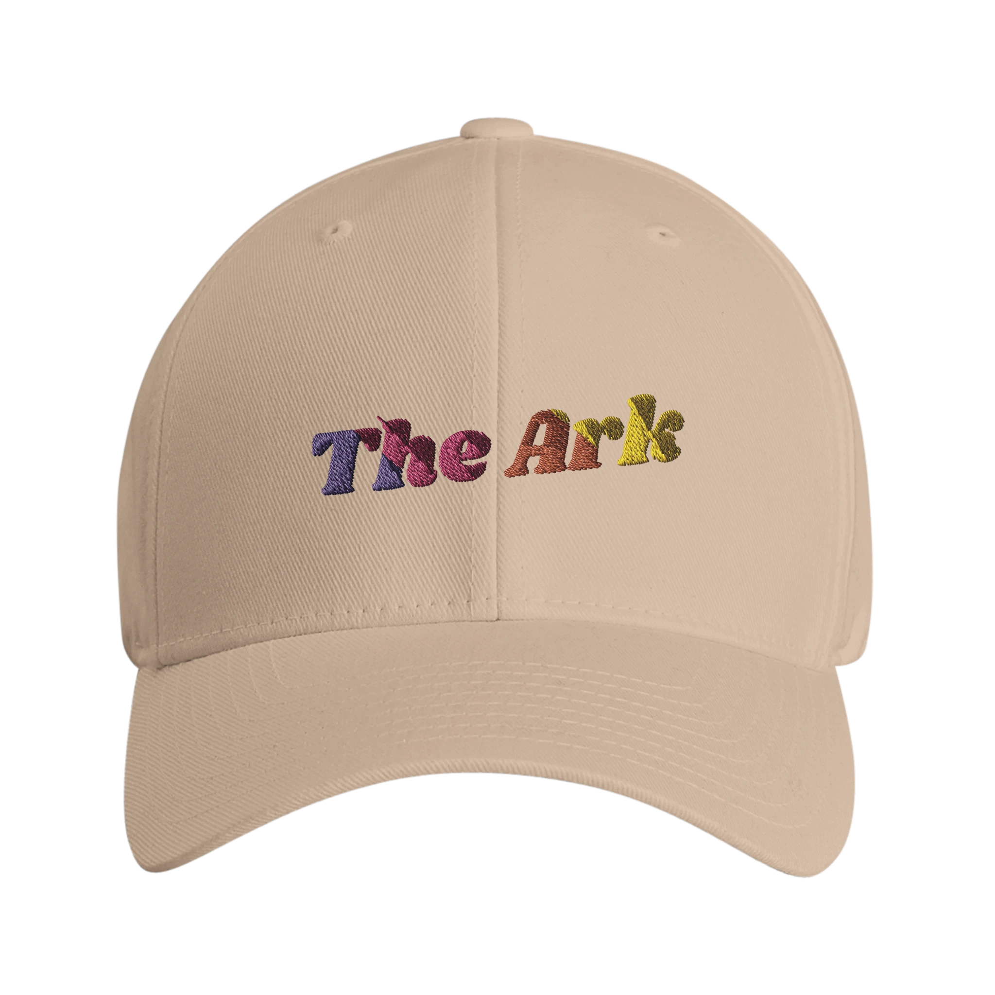 Fitted 'The Ark' cap with rainbow lettering - front view.