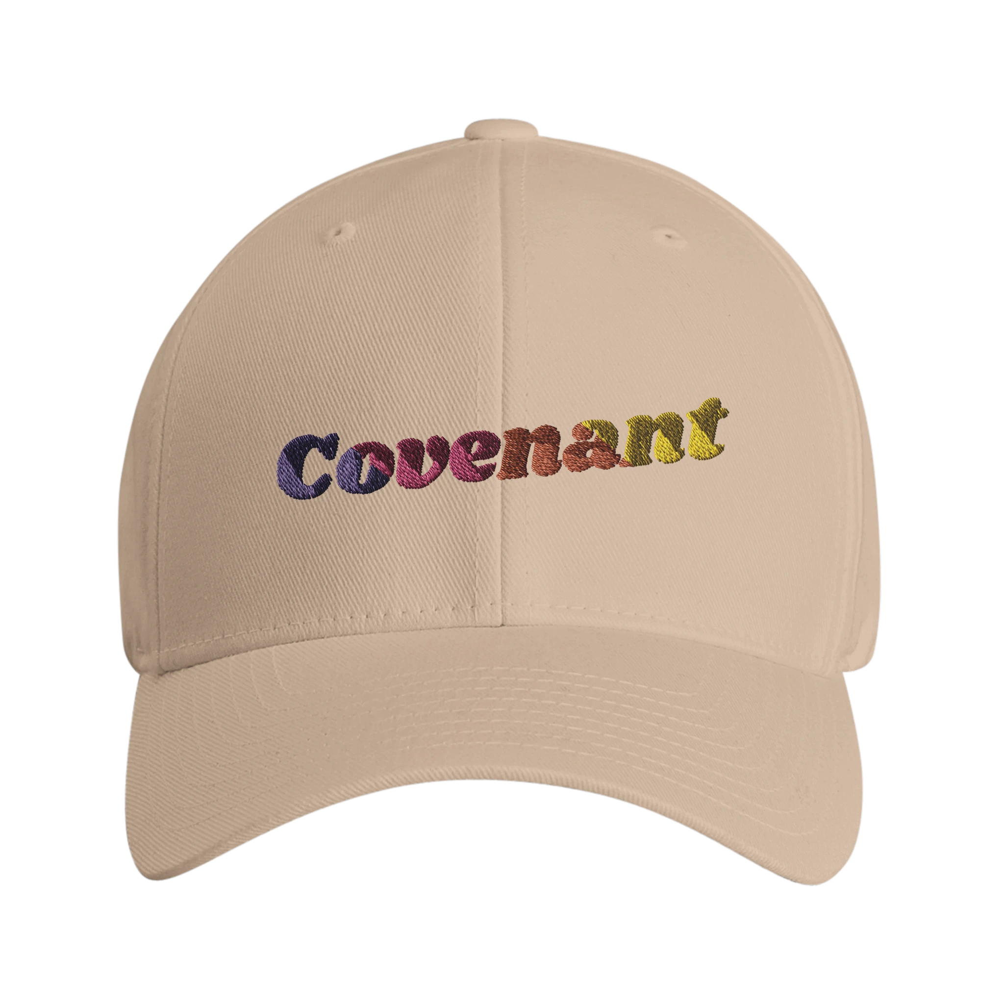 Beige 'Covenant' FlexFit hat with rainbow lettering that says 'Covenant'  - front view