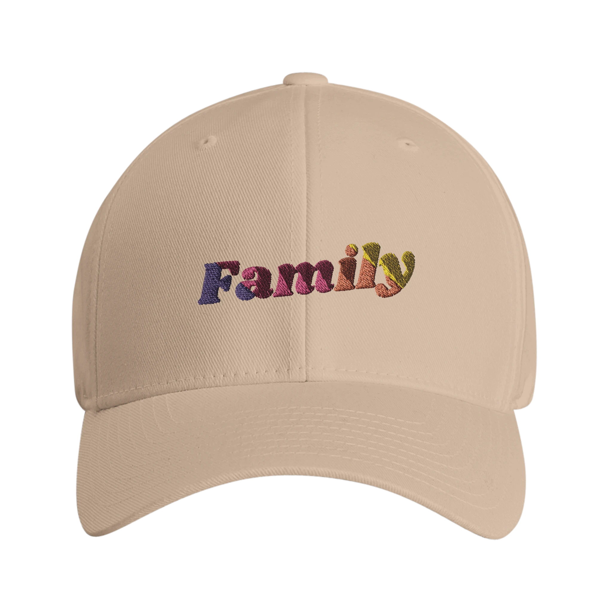 Fitted 'Family' cap with rainbow lettering that says 'Family' -front view