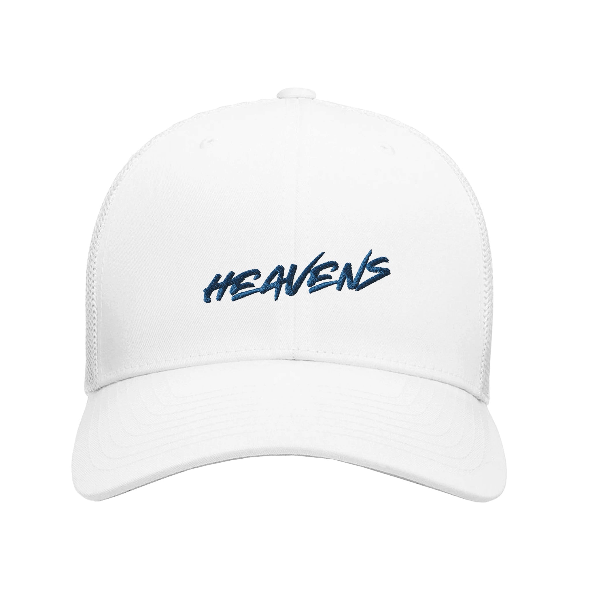 White cap with 'HEAVENS' embroidered in blue on a white background.