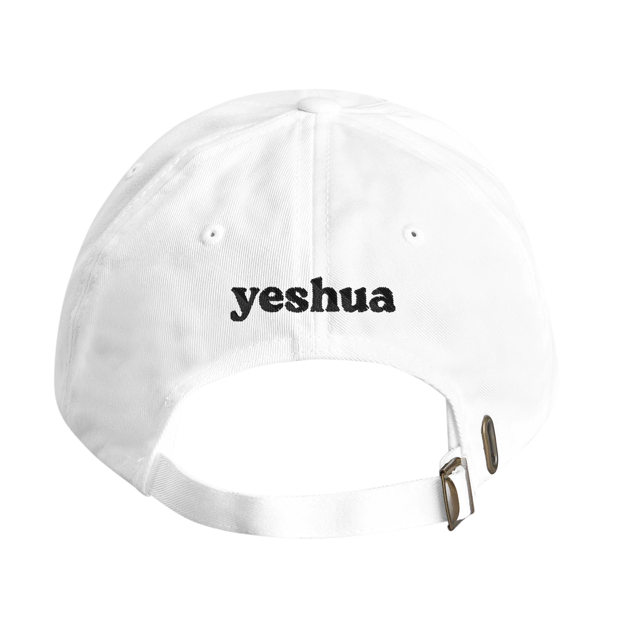 Back view of white dad hat with black embroidered 'yeshua' from Wearing Salvation
