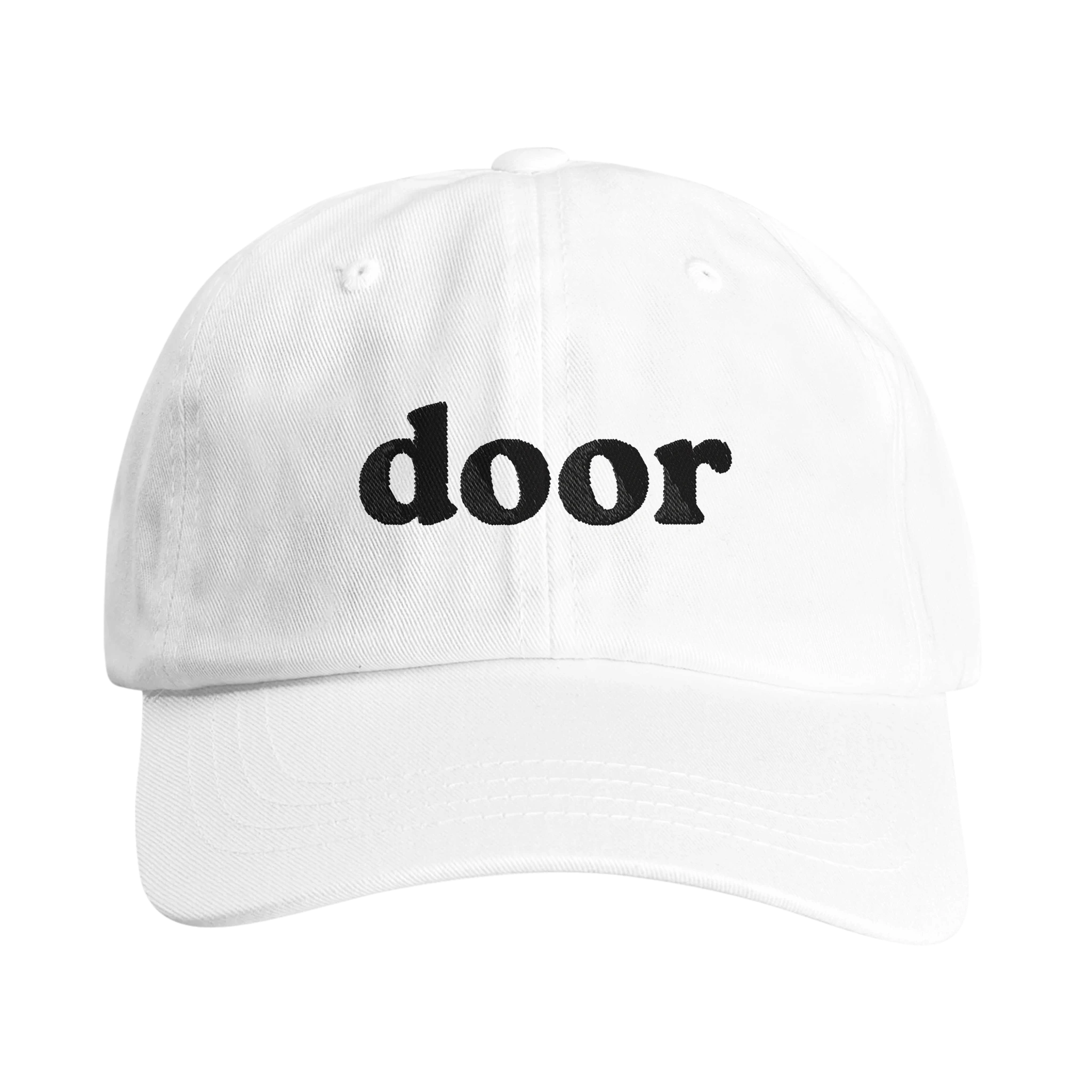 White Christian hat with black 'door' embroidery - Wearing Salvation front view