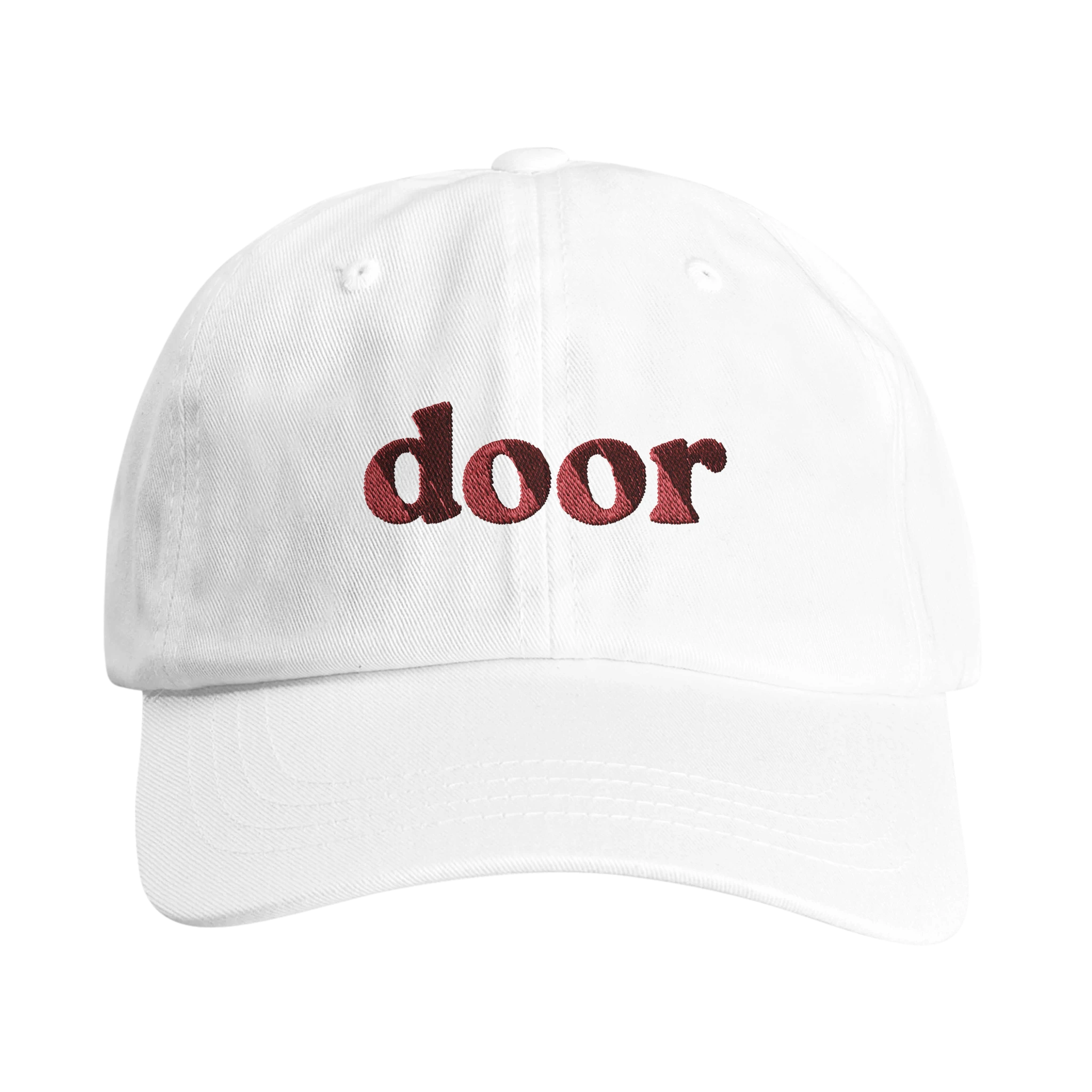 White Christian hat with red 'door' embroidery - Wearing Salvation front view