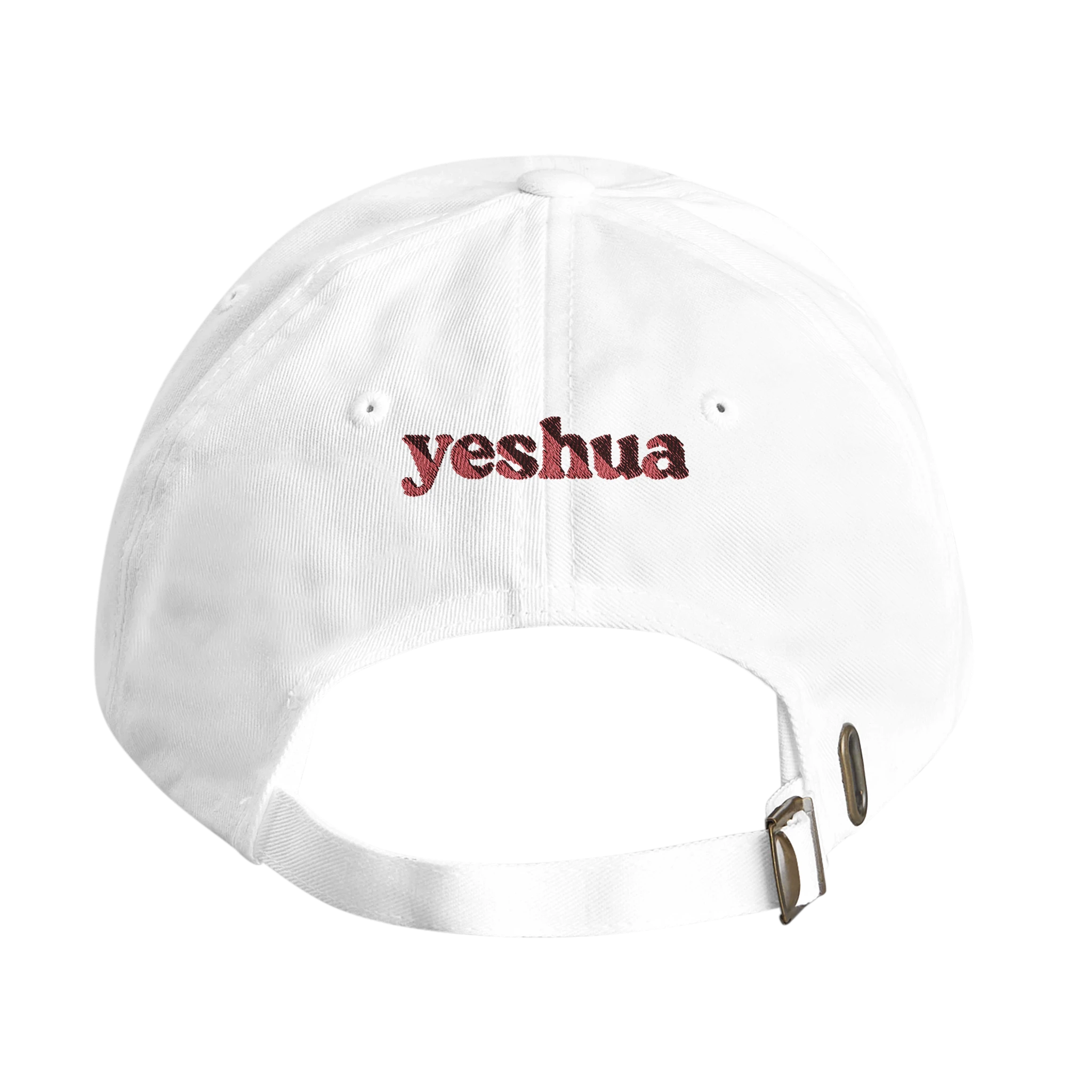 Back of white hat with 'yeshua' embroidered in red - Christian streetwear