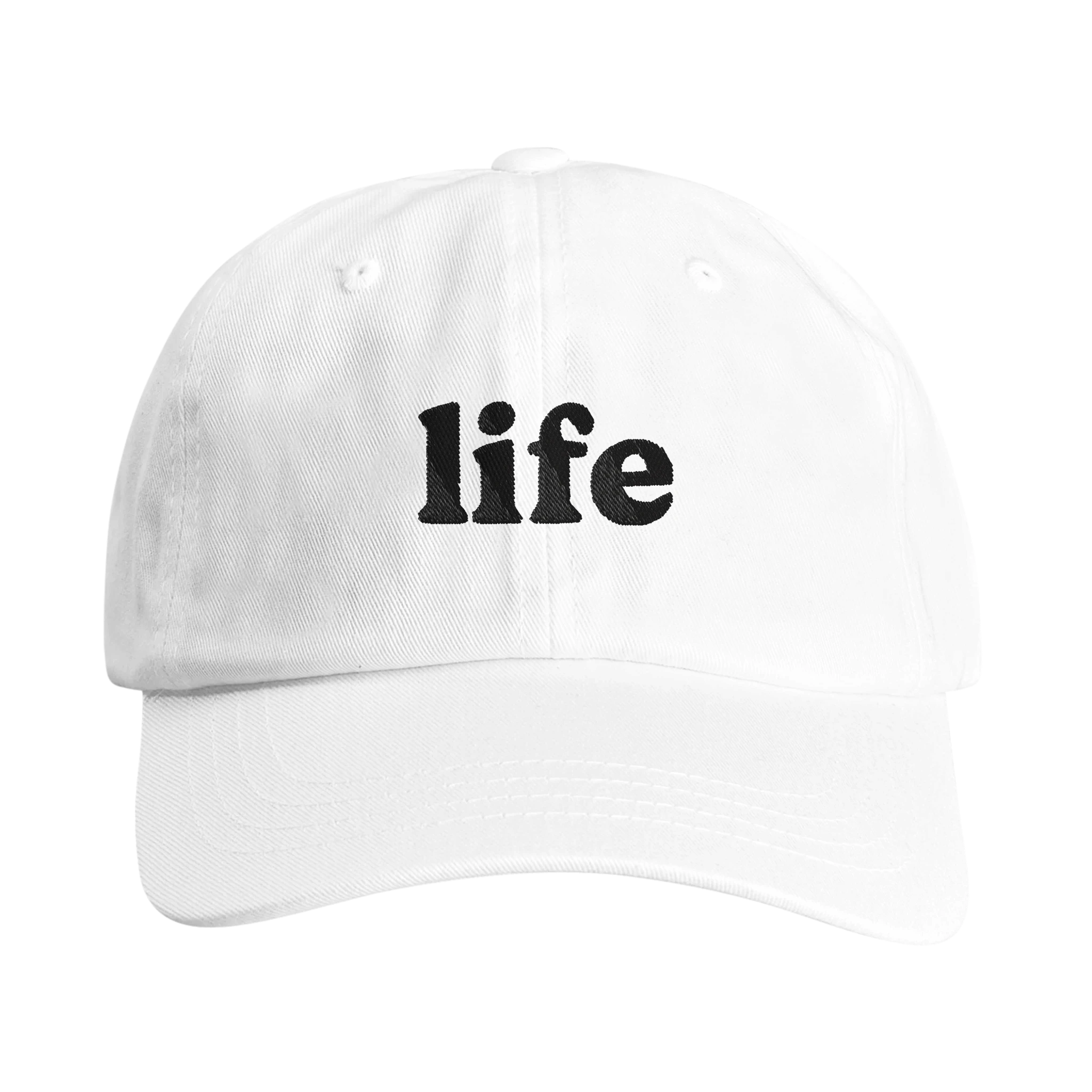 White Christian hat with black 'life' embroidery front - Wearing Salvation