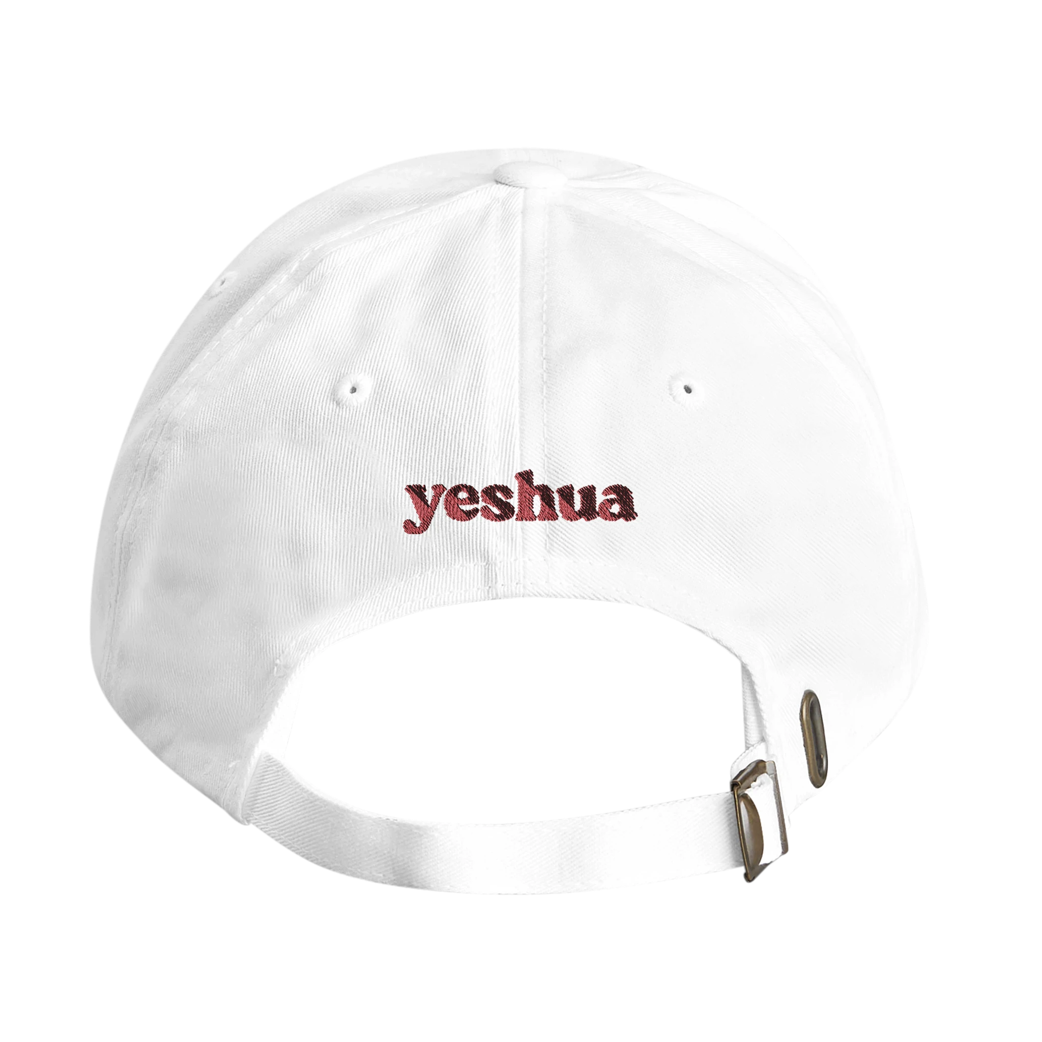 White Christian cap with red 'yeshua' embroidery - Wearing Salvation back view