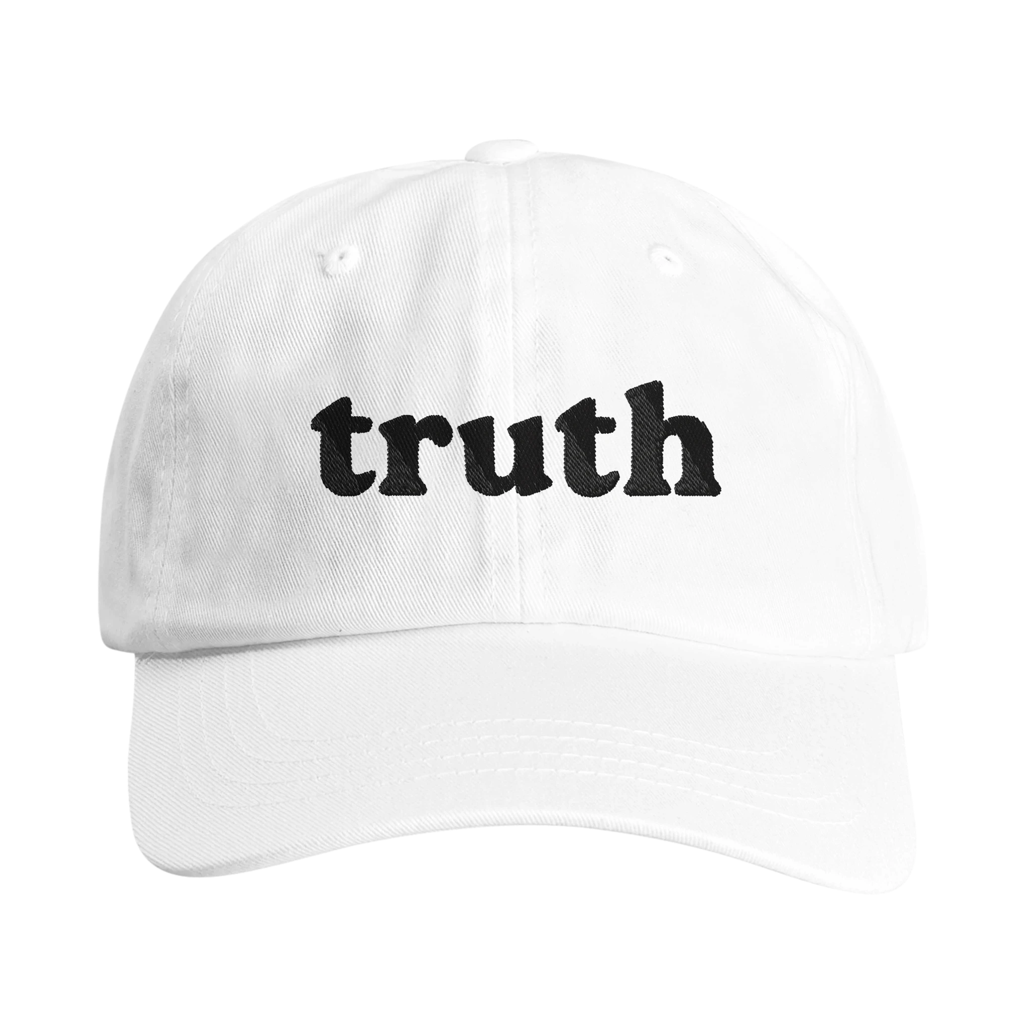 White Christian hat with black 'truth' embroidery - Wearing Salvation front view