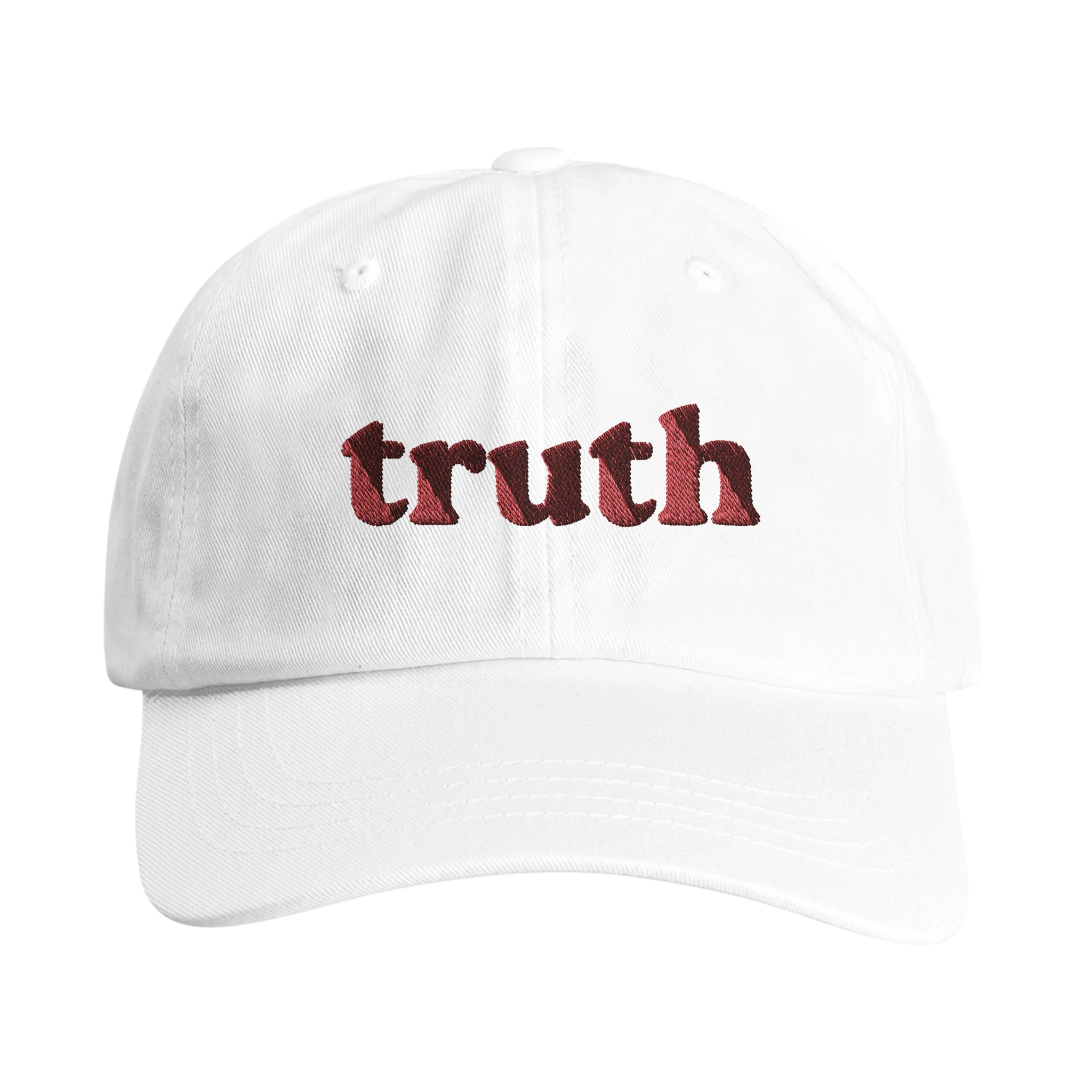 White Christian hat with red 'truth' embroidery - Wearing Salvation front view