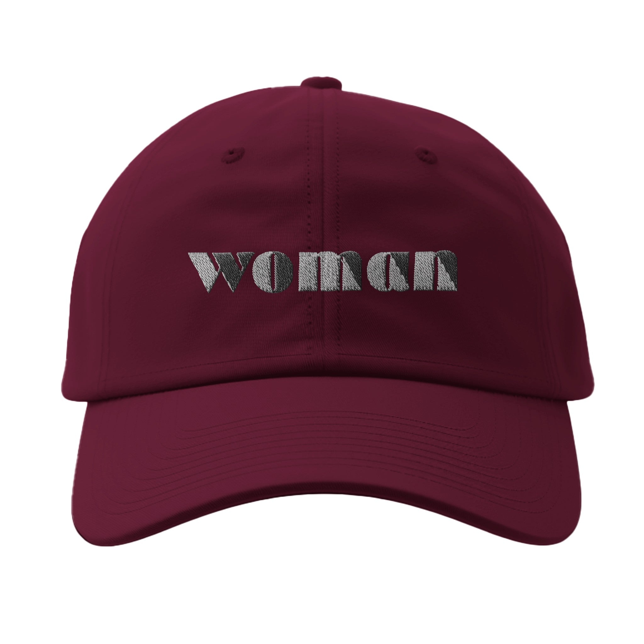 Maroon cap with the word 'woman' in white on the front 